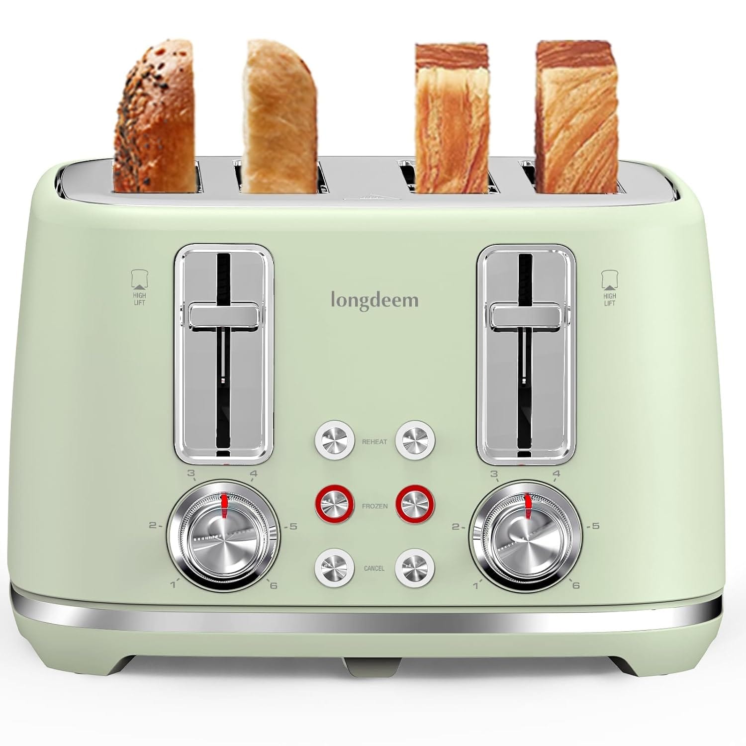Toaster 4 Slice, Extra Wide Slots Stainless Steel with High Lift Lever, Dual Independent Controls, Removable Crumb Tray, Easy to Clean, 6 Shade Settings, Reheat & Defrost, Green
