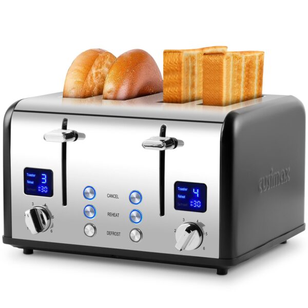 Toaster 4 Slices, Cusimax Stainless Steel Toaster with Ultra-Clear LED Display & 4 Extra-Wide Slots, Defrost/Reheat/Cancel Function, 6 Browning Settings, Removable Crumb Tray,...