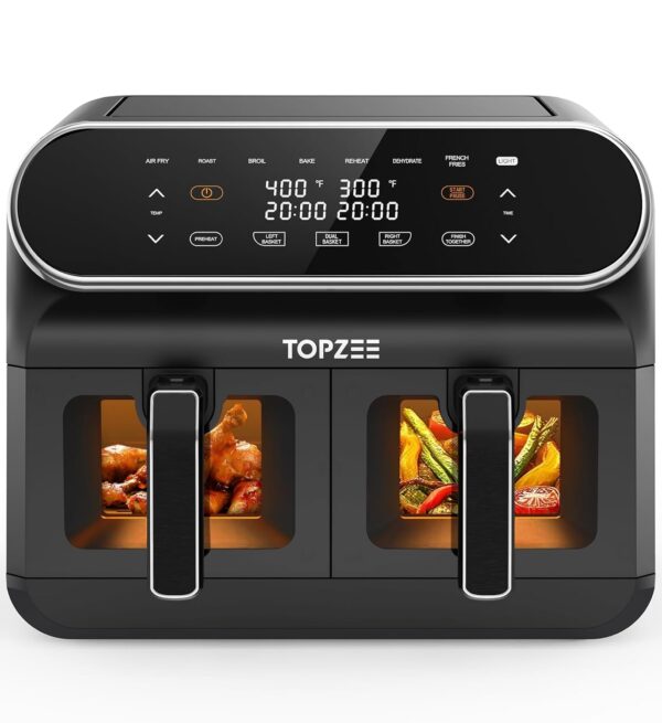 TOPZEE 8L Large Air Fryer - Dual Basket Airfryer with Easy View Windows, Preheat, Air Fry, Roast, Broil, Bake, Dehydrate, 2 Independent 4 L Nonstick Dishwasher Safe Baskets, Black