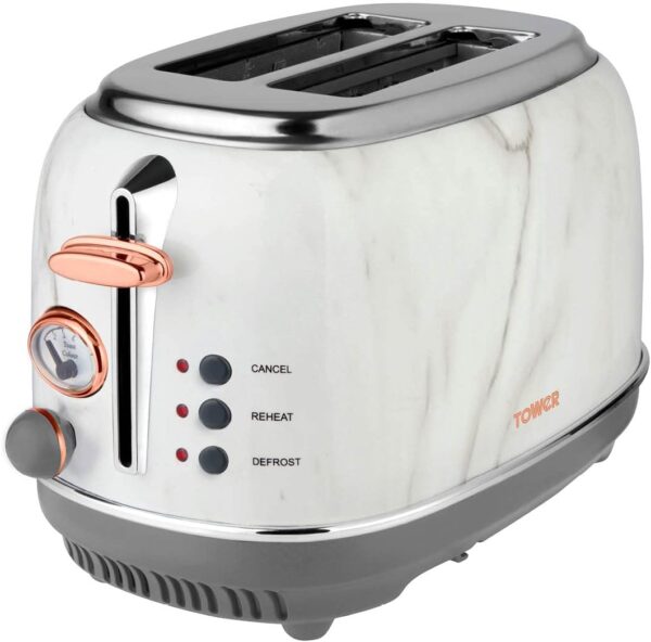 Tower Bottega T20016WMRG 2 Slice Stainless Steel Toaster with Adjustable Browning Control, Defrost and Reheat Settings, White Marble and Rose Gold