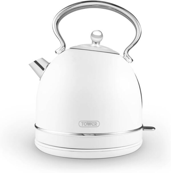 Tower T10076WHT Heritage Dome Kettle with Rapid Boil, 1.7L, 3000W, Optic White with Chrome Accents