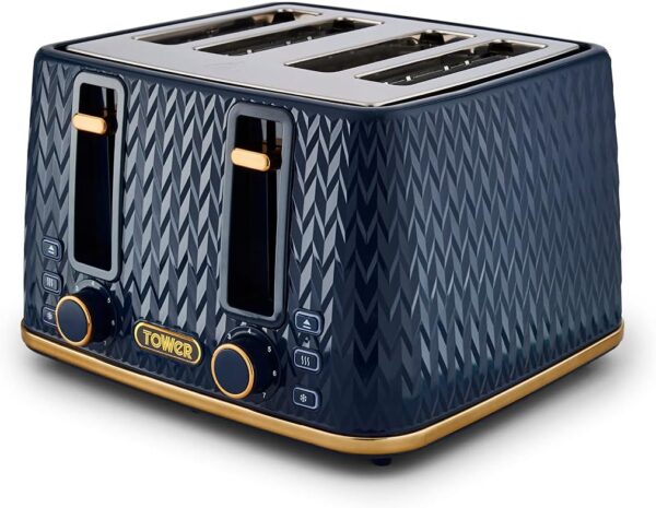 Tower T20061MNB Empire 4-Slice Toaster with Defrost/Reheat, Removable Crumb Trays, 1600W, Midnight Blue and Brass