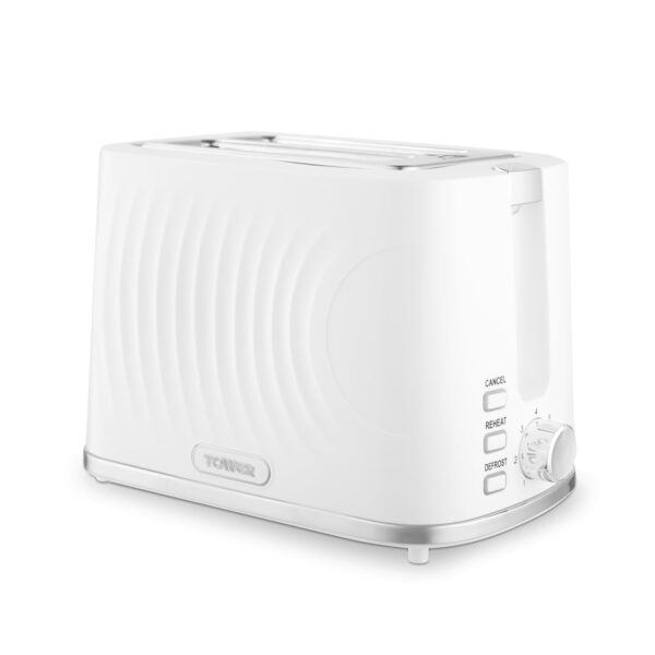 Tower T20090WHT 2-Slice Toaster with 7 Browning Levels, Defrost, Reheat & Cancel Settings, Removable Crumb Tray, 900W, White