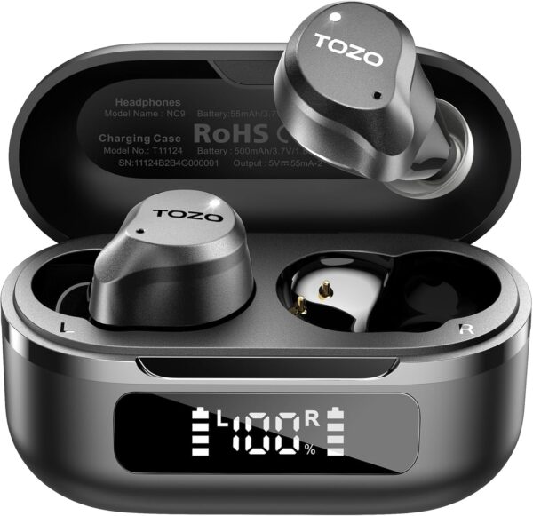 TOZO Hybrid Active Noise Cancelling Earbuds, 45dB ANC Wireless Earbuds, 6-Mic ENC for Clear Calls, Deep Bass, 59H Playtime, IPX8 Waterproof, Bluetooth 5.3 Ear Buds with App for...