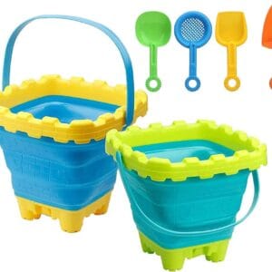 TRIXES 2PK Collapsible Bucket and Spade Set – Ideal for Holiday – Silicone Design – Minimise Space in Luggage – Premium Quality Childrens Holiday Essential – Summer Gift - 6-pieces