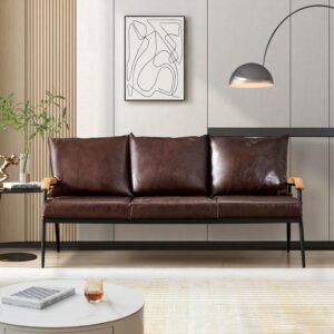 TUKAILAi 3 Seater Sofa Faux Leather Soft Living Room Sofa with Solid Wooden Armrest and Metal Frame, Lounge Couches Sofa for Home Office Bedroom Reception Dark Brown