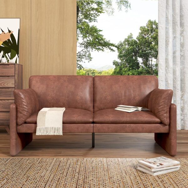 UNIONLINE 2 Seater Sofa 172cm, Modern Sofa Couch with 2 Pillows, Comfy 3 Seater Faux Leather Small Sofa for Living Room/Bedroom/Office (Brown)
