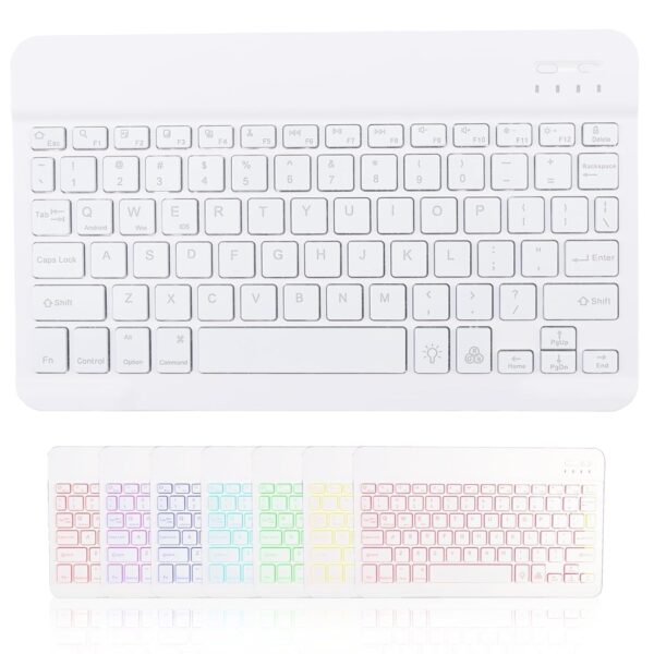 Universal Ultra-Slim Keyboard with 7 Colours Backlight Rechargeable Wireless Keyboard Portable Key-board Compatible with iPad/Samsung Tab/Lenovo Tab/iOS/Android/Windows (White)