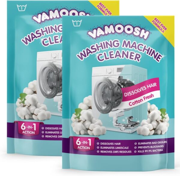 Vamoosh 6-in-1 Washing Machine Cleaner, Dissolves Hair, Eliminates Bad Odours, Removes Limescale, Deep Clean, Leaves Smelling Fresh, Antibacterial, Descales (Cotton Fresh, Pack...