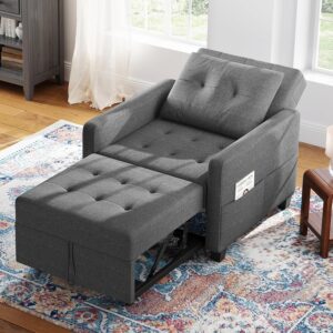 Vesgantti 3 in 1 Sofa Bed Dark Grey, Convertible Sleeper Chair With Adjustable Backrest, Fabric Single Chair With Side Pockets, Foldable Pull Out Bed for Living Room