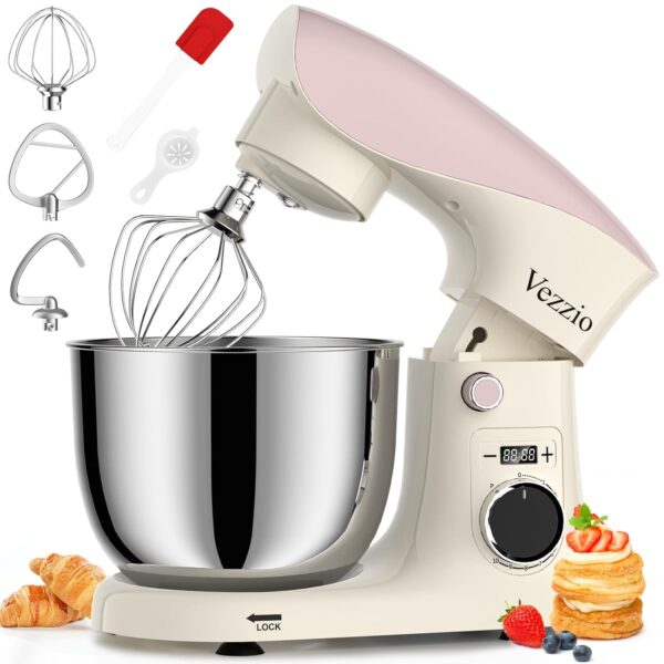 Vezzio Small Stand Mixer,1500W 10-Speed Food Mixers For Baking, 5.5L Dough Mixer,Easy to use and Lightweight,Food Mixer For Baking,Cake And Most Home Cooks (PinkWhite)