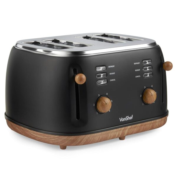 VonShef 4 Slice Toaster - Nordic Matte Black Design, 6 Browning Settings, Wide Slots, Defrost, Reheat and Cancel Functions, Removable Crumb Tray, High Lift Lever & Cord Storage...