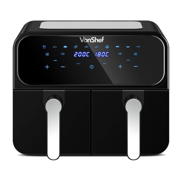VonShef Dual Air Fryer 9L - Family Size Double Airfryer, XL Capacity, 10-in-1, 2 Drawers & Silicone Liners, LED Display, Sync Cook & Smart Finish, 60-Min Timer, Dishwasher-Safe,...