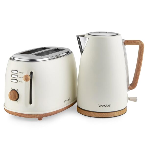 VonShef Kettle and Toaster Set – Scandi 1.7L Rapid Boil Kettle 3000W & 2 Slice Wide Slot Toaster 850W with 6 Browning Controls, Matching Kitchen Set – Nordic Cream and Wood...