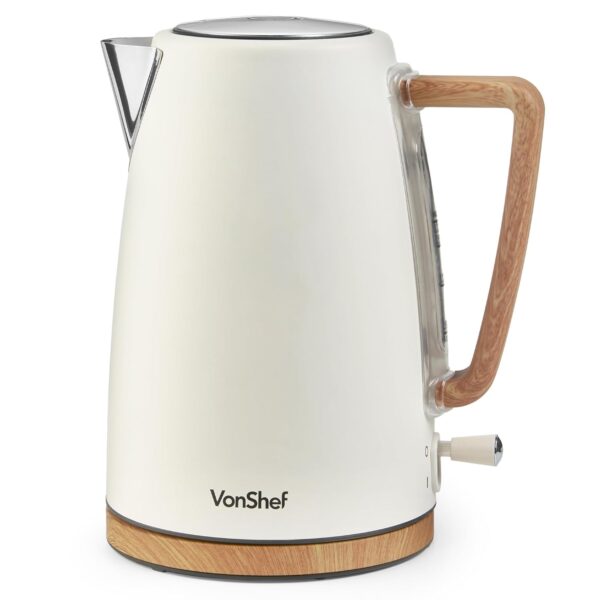 VonShef Rapid Boil Kettle - 1.7L Matte Cream and Wood Effect Kettle 3000W – Boil Dry Protection, Automatic Shut Off, Removable Filter, Cord Storage and 360 Degree Swivel Base -...