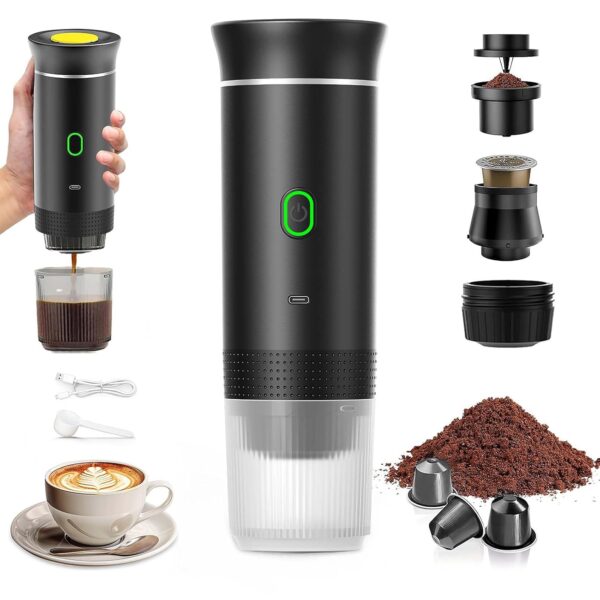 Vtizikl Portable Coffee Maker, 3-in-1 Travel Espresso Machine, Compatible with Small & Large Capsules, Ground Coffee, 50 Brews per Charge, Ideal for Camping, Travel, Office and...