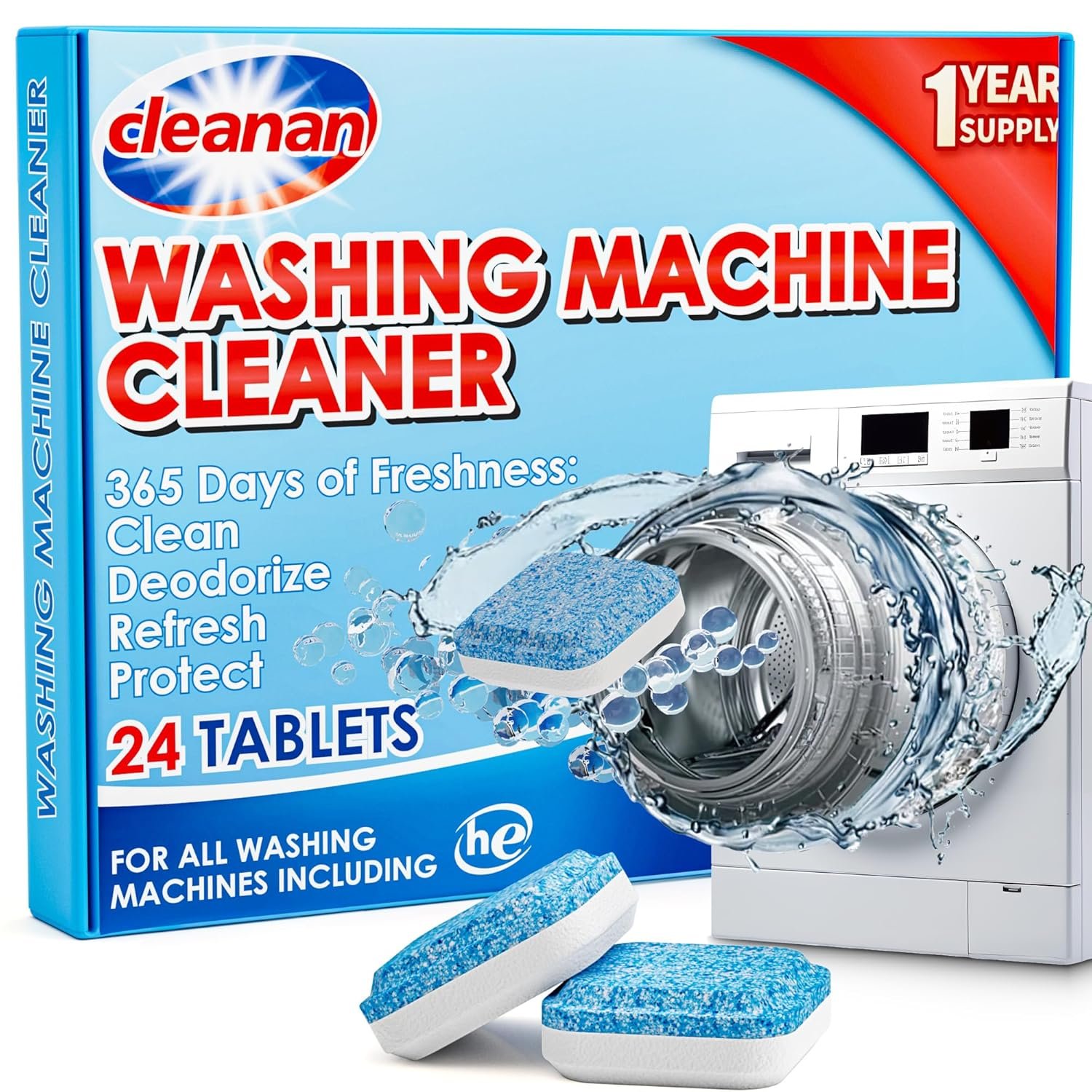 Washing Machine Cleaner Deep Clean Tablets - 24 Pack for Year-Round Deep Clean, Suitable for HE, Top Load & Front Load Washer Cleaner, Removes Odor, Grime & Build-Up, Septic...