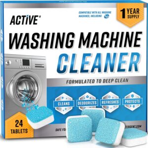 Washing Machine Cleaner Descaler 24 Tablets - ACTIVE Deep Clean Freshener for HE, Front and Top Load Washer, Septic Safe Eco Limescale and Odour Eliminator, Laundry Tub Seal...