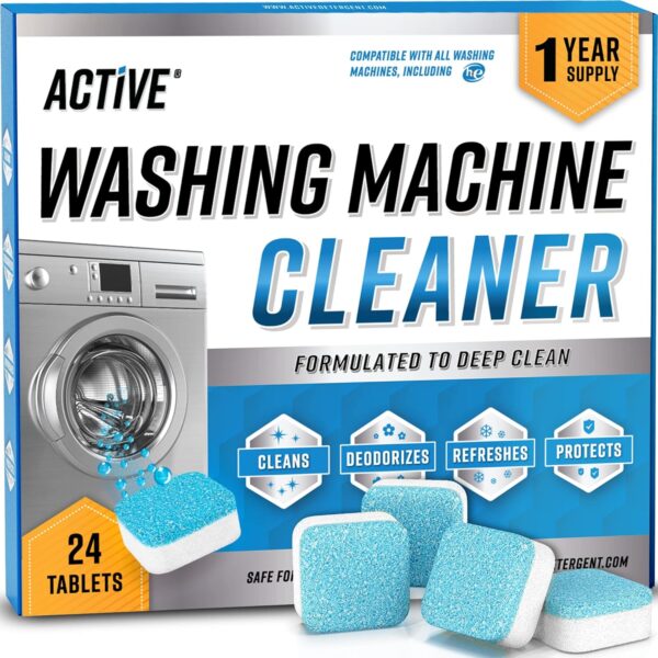 Washing Machine Cleaner Descaler 24 Tablets - ACTIVE Deep Clean Freshener for HE, Front and Top Load Washer, Septic Safe Eco Limescale and Odour Eliminator, Laundry Tub Seal...