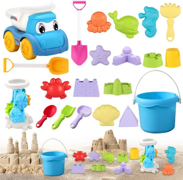 WDKXCN Sand Toys, 20 Pcs Bucket and Spade Beach Set Kids with Storage Mesh Bag, Beach Toys with Toy Transport Vehicles and Molds, Sand Pit Toys for Summer Indoor Outdoor...
