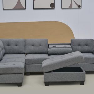 Western Grey Fabric Corner Sofa With Cup Holder & Ottoman - L shape High Back Suite For Living Room - Cheap Sofas & Couches-3020 (Left Hand Side)