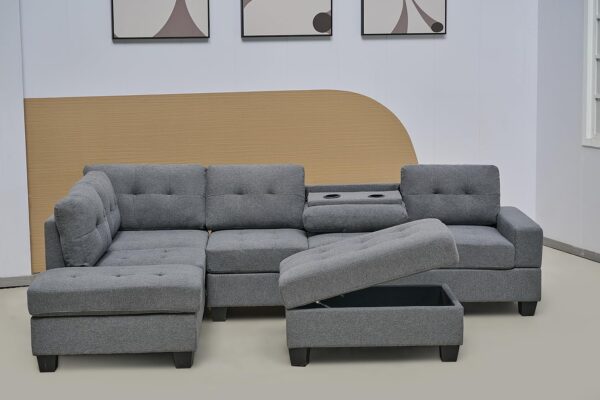 Western Grey Fabric Corner Sofa With Cup Holder & Ottoman - L shape High Back Suite For Living Room - Cheap Sofas & Couches-3020 (Left Hand Side)