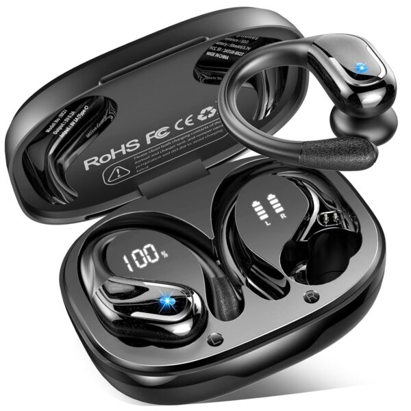 Wireless Earbuds, 75H Bluetooth 5.4 Headphones Sports with ENC Mic, Stereo Noise Cancelling Ear Buds, Wireless Headphones with Earhooks, LED Display, IP7 Waterproof Bluetooth...