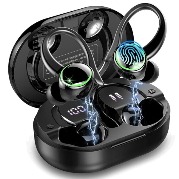 Wireless Earbuds, Bluetooth 5.4 Headphones, 50H+ Playtime Stereo Noise Canceling Headphones with 4 ENC Mic, Sport Ear buds with Earhooks, IPX7 Waterproof Wireless Earphones for...