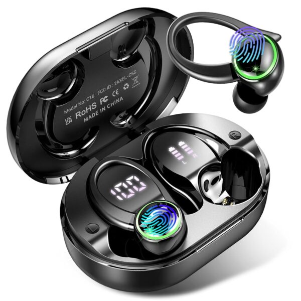 Wireless Earbuds, Bluetooth 5.4 Headphones with 4 ENC Noise Canceling Mic, 50H Playtime Stereo Wireless Earphones with LED Display, Over Ear Buds with Earhooks, IP7 Waterproof...