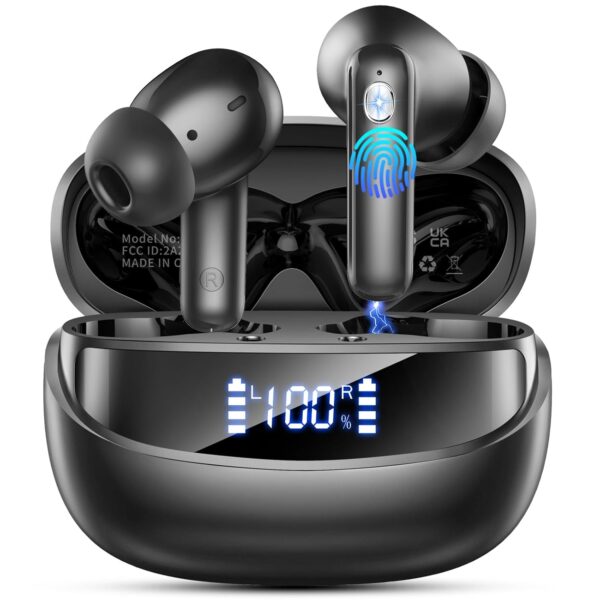 Wireless Earbuds Bluetooth Headphone, Bluetooth 5.4 Earbuds Noise Cancelling, 45H Deep Bass Stereo Sound Earphone Wireless Headphone with Dual LED Power Display, 4 ENC Mic, Type...