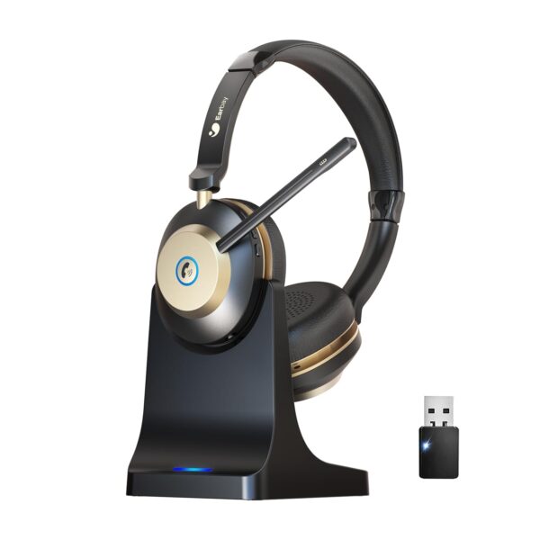 Wireless Headset, Bluetooth Headset With Microphone Noise Canceling & USB Dongle, On Ear Headphones with Charging Dock & 50hrs Working Time for Computer/Mobile Phones/Ms...