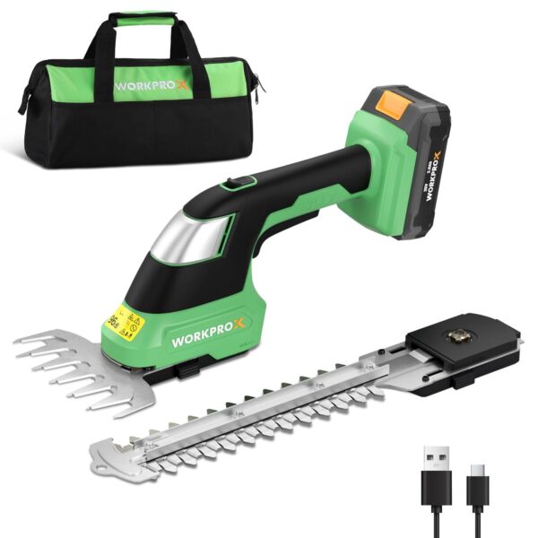 WORKPROX 2-in-1 Cordless Hedge Trimmer and Grass Shear, 20V Electric Hedge Trimmer with 2000mAh Battery, Lightweight Handheld Garden Trimmer with 2 Interchangeable Blades,...