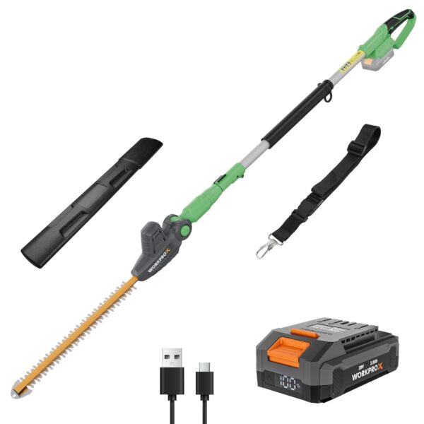 WORKPROX 20V Cordless Pole Hedge Trimmer, 2.8m Long Reach Bush Trimmer with 150° 11-position Adjustable Head, Lightweight Extendable Hedge Trimmer with 2000mAh Battery, Ideal...