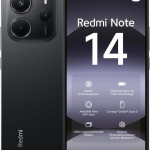 Xiaomi Redmi Note 14 smartphone, 6+128GB, black, 108MP AI camera system, 5500mAh battery, 120Hz eye-care display, AI features (no charger included), 2 year Warranty