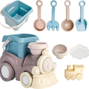 xwin sportseries Kids Train Beach Toy Set Outdoor Summer Sand Play Toy for Children Includes Toy Beach Bucket Mini Cloud Mould Durable Train Rake & Bonus Tool Kit Boys & Girls