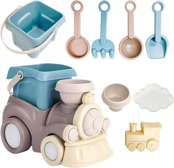xwin sportseries Kids Train Beach Toy Set Outdoor Summer Sand Play Toy for Children Includes Toy Beach Bucket Mini Cloud Mould Durable Train Rake & Bonus Tool Kit Boys & Girls