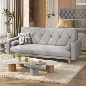 Yaheetech Convertible Sofa Bed Fabric Sofa Couch Click Clack Modern Sleeper Sofa Settee with 2 Bolster Pillows for Living Room/Guest Room Light Grey