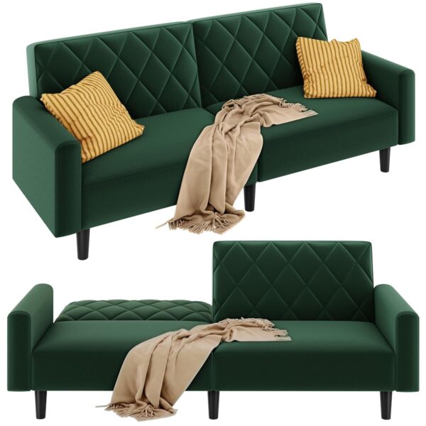 Yaheetech Convertible Sofa with Adjustable Backrest, Sturdy Upholstered Couch, Velvet Loveseat, Spacious Lounge Sofa for Living Room, Home Office, Flat, Green