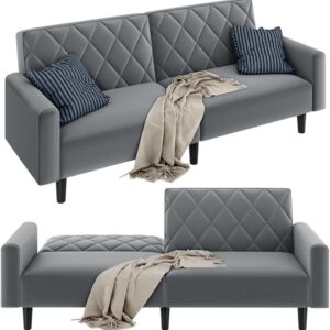 Yaheetech Velvet Sofa with Adjustable Backrest, Convertible Upholstered Loveseat with Sturdy Frame, Folding Couch for Living Room, Apartment, Home Office, Dark Grey