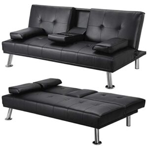 Yaheetech Click Clack Sofa Bed Faux Leather 3 Seater Sofa Couch Living Room/Spare Room/Guest Room Bed Settee With Cup Holders Black