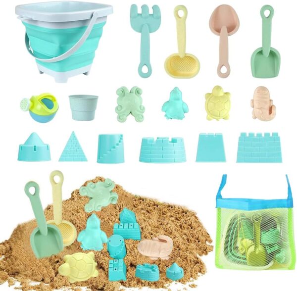 YANGUN 18 Pieces Sand Pit Toys, Beach Toys Set For Kids with Collapsible Bucket, Mesh Bagand Spade Beach Set, Beach Sand Toy for Kids Toddlers Boys Girls and Spring/Summer Holiday