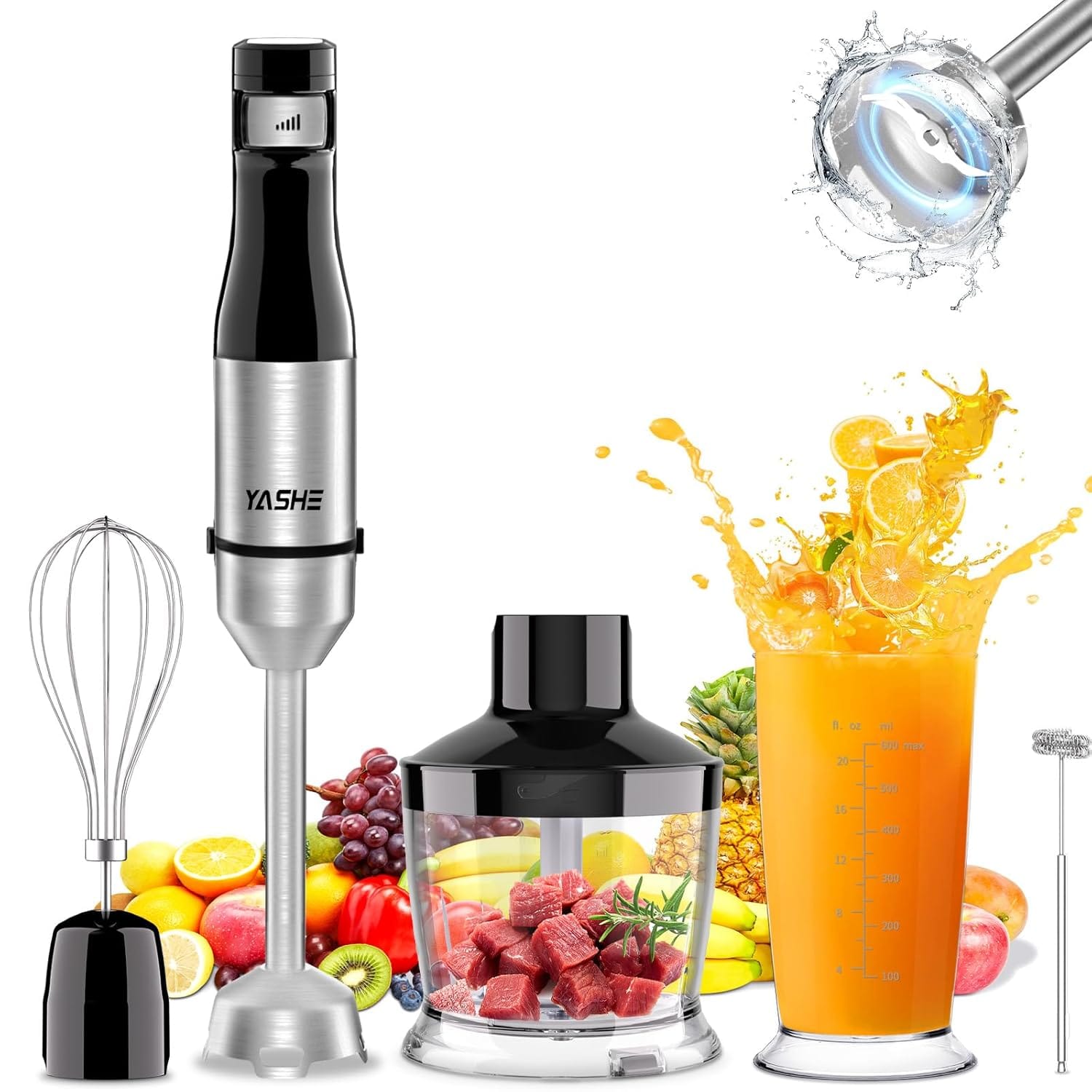 Yashe 5 in 1 Handheld Immersion Blender - Stainless Steel Stick Blender With Continuously Variable Speed, Chopper, Whisk and Milk Frother for Meat, Mashed Potatoes and Baby Food