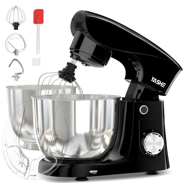 YASHE Stand Mixer, 4.5+5L Two Stainless Steel Bowls, 10+P Speed 1500W Tilt-Head Food Mixer with Dough Hook,Beater & Whisk, Dishwasher Safe