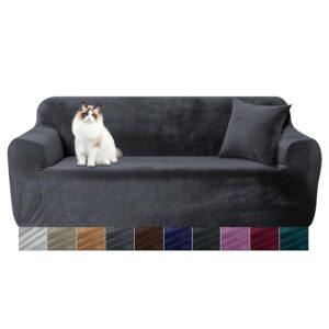 Yeahmart Thick Sofa Covers 1/2/3 Seater Pure Color Sofa Protector Velvet Easy Fit Elastic Fabric Stretch Couch Slipcover (Grey, 3 Seater 195-230cm)