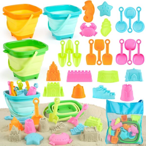YIMORE Beach Toys Set for Kids 28 PCS Sand Bucket and Spade Beach Set Kids, Play Sand Toy with Shovels and Sea Animal Soft Molds, Outdoor Toys for Toddles Age 3 4 5