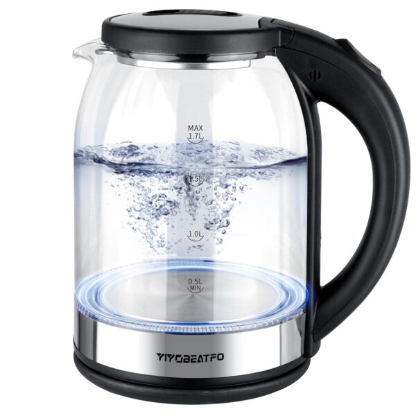 YIYOBEATFO Electric Kettle, 1.7L Glass Hot Water Boiler Kettle For Coffee & Tea,Easy Clean Wide Opening Water Heater Electric with LED Light,360°Rotation,Auto Shut-Off&Boil Dry...