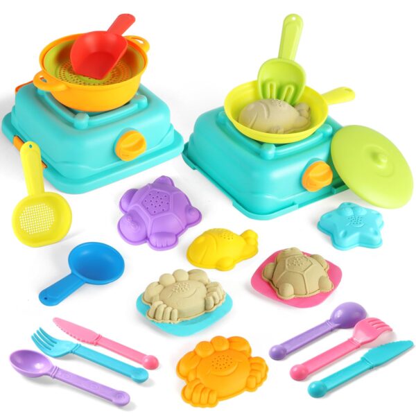 Yrkidstoi Beach Toys for Toddlers, Seaside Sand Cooking Play Set, Kids Sandpit Toy with Sand Molds and Spade, Mesh Bag, Baby Boys Girls Outdoor Toys Travel Beach Essentials