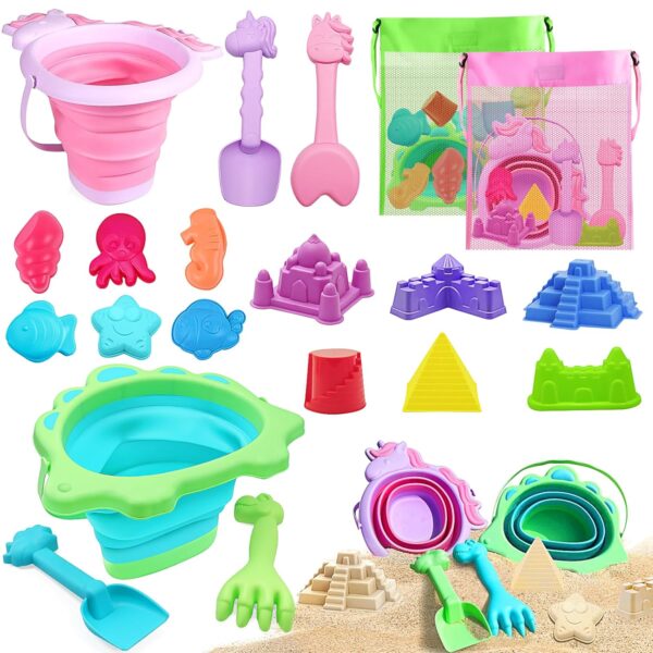 YZNlife Beach Sand Toys for Kids,20pcs Bucket and Spade Castle Sand Toys for Sand Pit with Collapsible Folding Bucket and Marine Animal Sand Moulds Toys for Children Toddles Age...