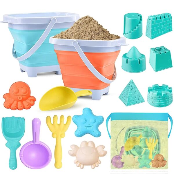 YZNlife Beach Sand Toys Kids Toddlers,16 PCS Sand Pit Toys with Collapsible Bucket and Spade Beach Set Kids Garden Toy for Boys Girls