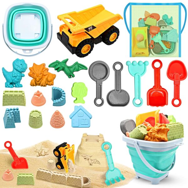 YZNlife Sand Toys for Kids,19PCS Beach Toys Set with Collapsible Bucket,Travel Beach Toys Sand Molds,Rake,Sandbox Toys,Castle Building Kit for kids Toddlers